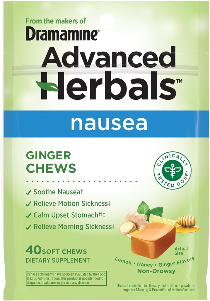 από The Makers of Dramamine, Advanced Herbals, Ginger Chews, Nausea Relief Soft Chews Lemon-Goney-Ginger, 40 Count