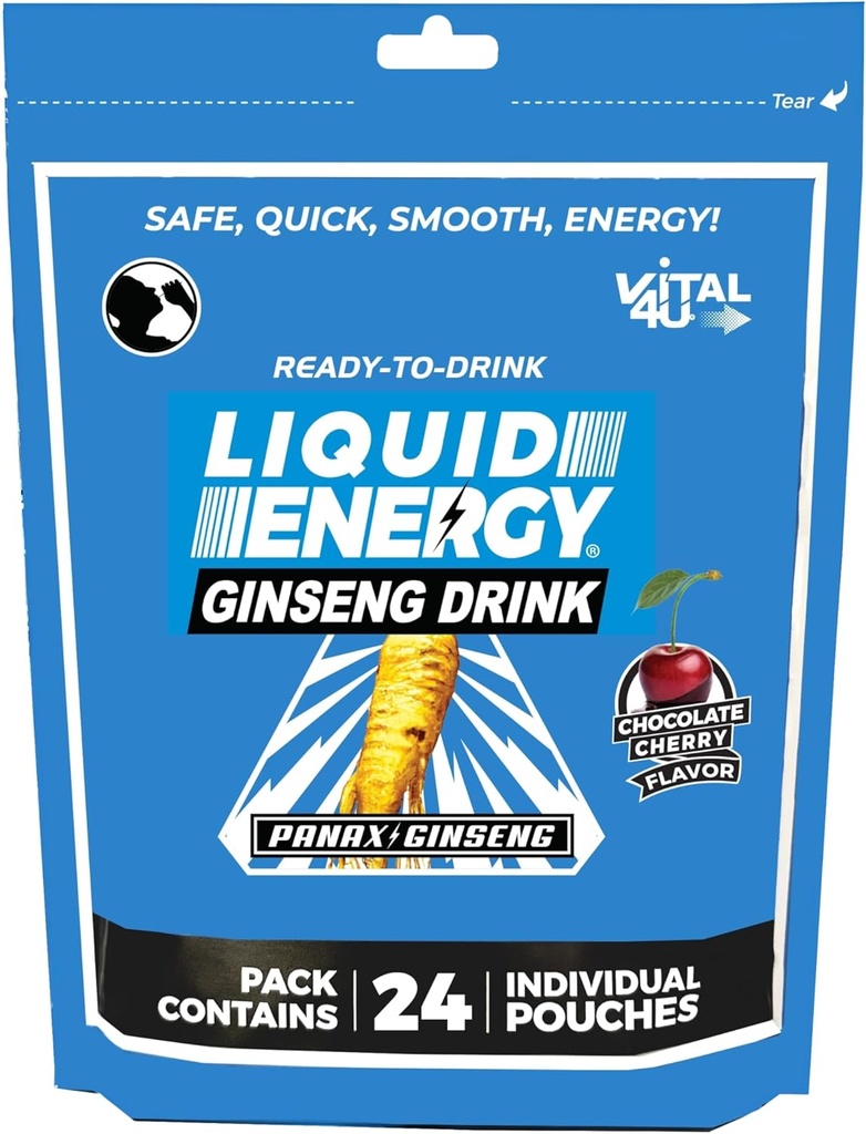VITAL 4U® Liquid Energy Shot - Ginseng, Φυσικά γλυκασμένη, Σοκολάτα Cherry Γεύση, 24 ct