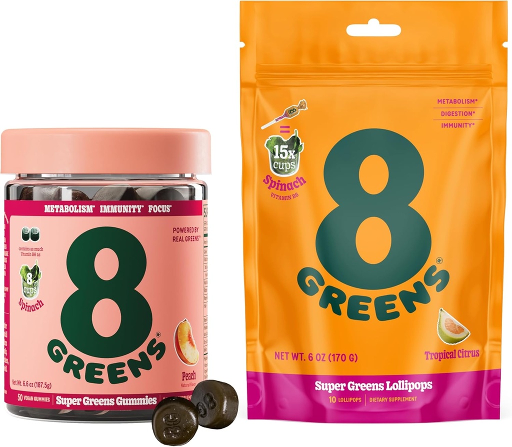 8Greens Daily Greens Gummies and Lollipops, Energy & Immune Support,Gluten-Free, Vegan, Non-GMO, Yapay Renkler & Flavors