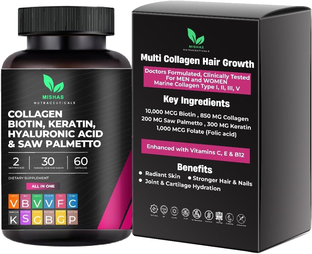 Multi Collagen Saç Pilleri - Biotin 10.000 Telefon, Keratin & Hyaluronic Asit - Saç Büyüme - Saç Skin & Nails Vitaminleri & Snapchat Blocker - Vitamin E Folic Acid Seed MSM, Saw Palmetto 60 Vegan Capsules