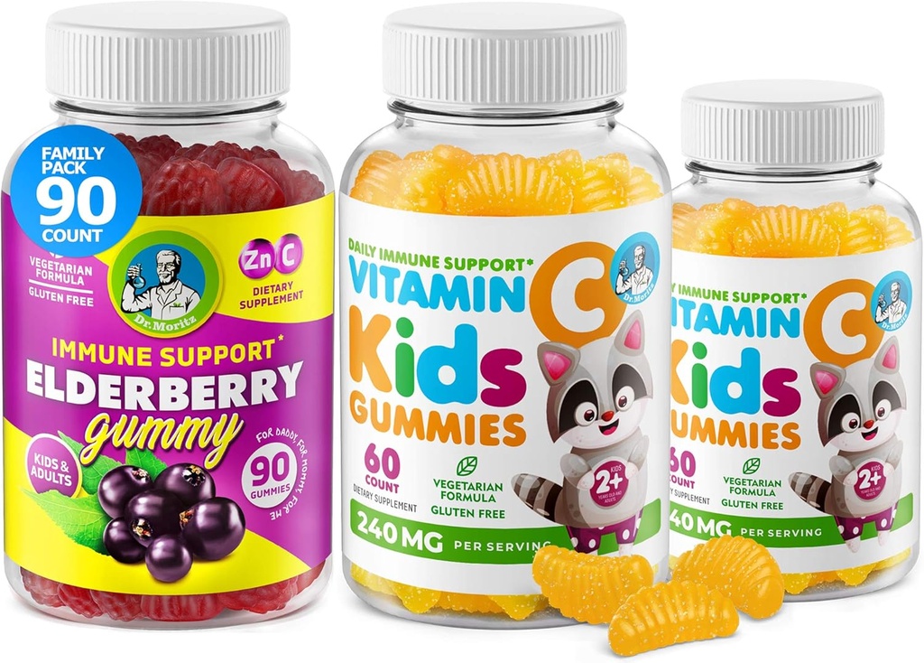 DR. MORITZ Vitamin C Gummies and Elderberry Gummies for Kids and Adults - Ανοσοποιητική υποστήριξη Χαμηλή ζάχαρη Μασώμενες Βιταμίνες Gummy για Toddlers - Χορτοφαγική Ζελατίνη-ελεύθερο συμπλήρωμα διατροφής παιδιών