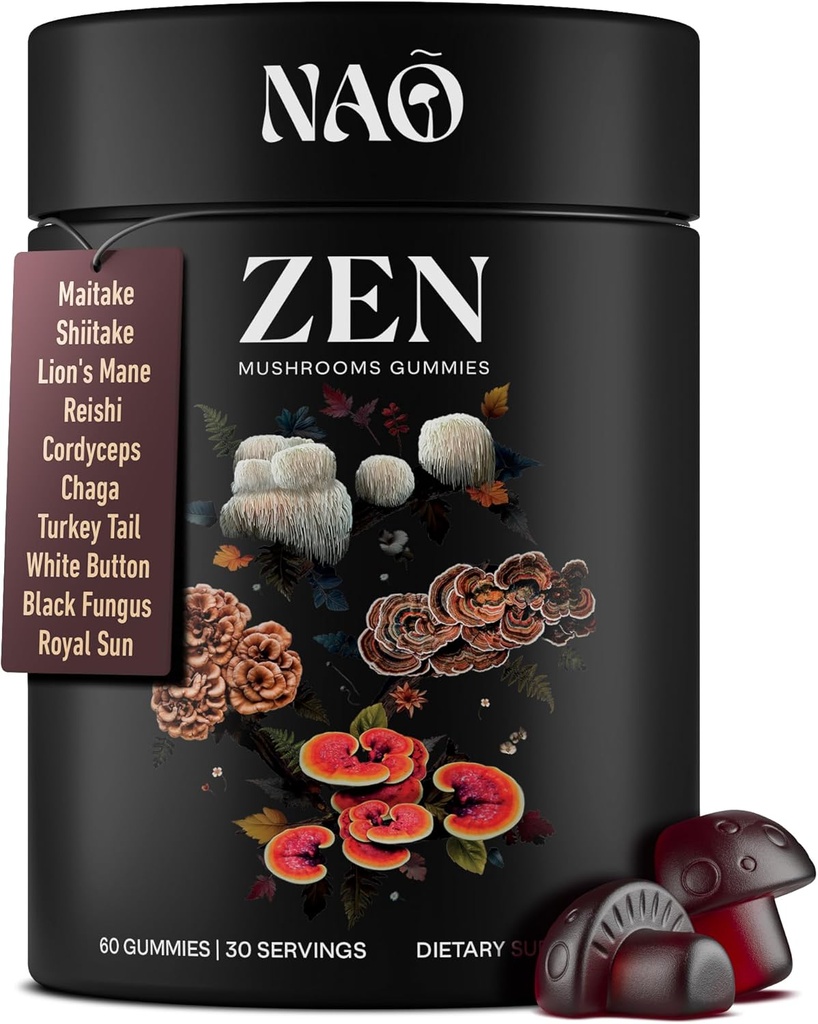 NAO ABD'de 10in-1 Mushroom Gummies Nootropic – Premium Mix with Reishi, Lion's Mane, Chaga, Cordyceps, Shiitake, Mai & Turkey Tail for Brain, Immune & Energy Support – Non-GMO, Vegan