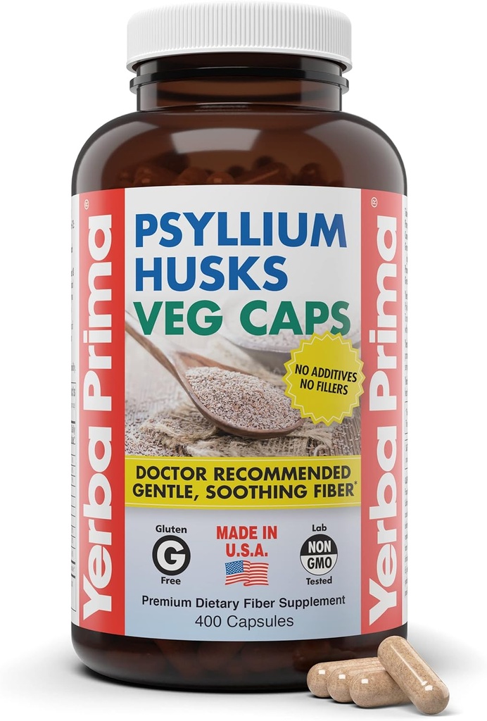 Yerba Prima Psyllium Husks Veg Caps, 400 Capsules (625 mg) - Vegan, Non-GMO, Gluten Free, Colon Cleanser, Daily Fiber Supplement for Gut Health & Regularity