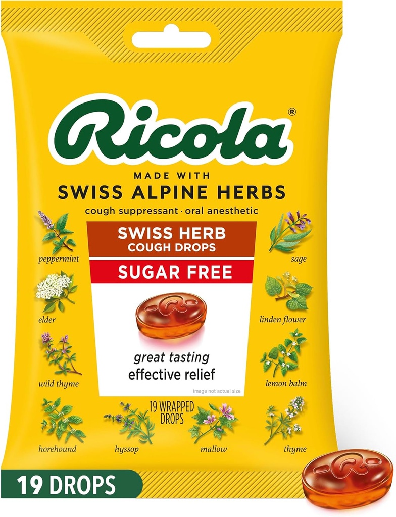 Ricola Sugar Free Swiss Herb Cough Drops, 19 Count, Cough Suppressant & Throat Reliefing Drops with Φυσικώς πηγασμένη Μέντχολ, Ευχάριστη Γεύση για Βήχα & Λαρύγγι Ερεθιστικό Σύμπτωμα Ανακούφιση