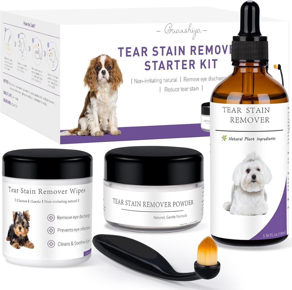 Dog Tear Stain Remover Starter Kit, with Witch Hazel Extract, Remove Tear Stains, Discharge & Mucus, includes Stain Solution, Applicator Wipes, Stain Powder & Brush, Lasts 30-45 Days