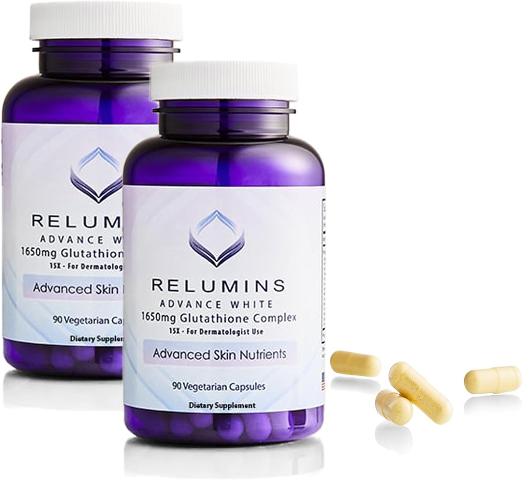 Relumins L-Glutathionone Complex 1650mg - Αντιοξειδωτική Υποστήριξη με Άλφα Λιποϊκό Οξύ, NAC, L-Μεθειονίνη, Βιταμίνη Ε, Συμπλήρωμα για την Υγεία του Δέρματος, Κατασκευασμένο στις ΗΠΑ - 90 Καψάκια Χορτοφαγικής Χ 2 Φιάλες