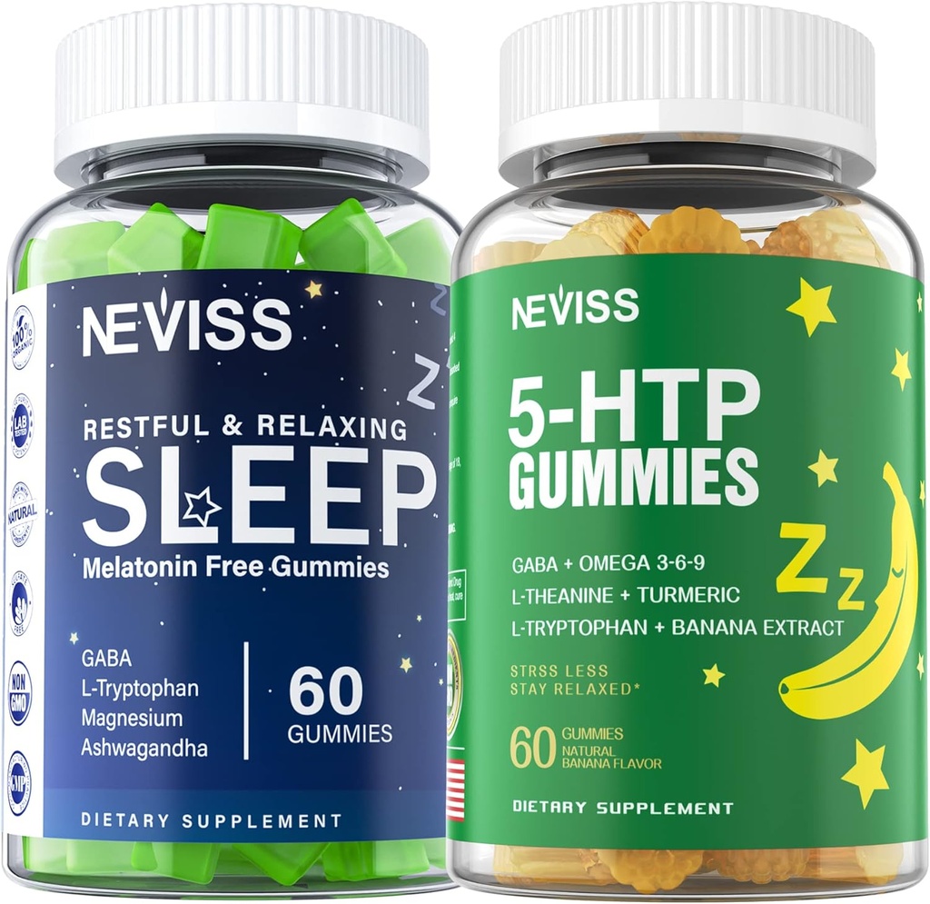 Melatonin Free Sleep Aid Gummies + 5-HTP Gummies for Yetişkinler , GABA, L-Theanine, L-Tryptophan, Magnezyum, Ashwagandha, Turmeric - Non-Habit Form, Banana Ekstraksiyon Derin Rahatlama için Yardım, Calm