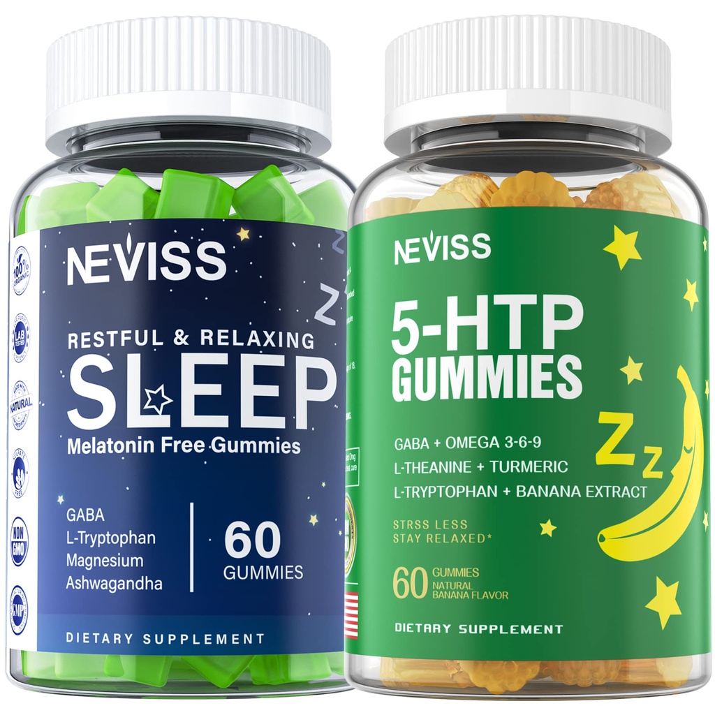 Melatonin Free Sleep Aid Gummies + 5-HTP Gummies for Yetişkinler , GABA, L-Theanine, L-Tryptophan, Magnezyum, Ashwagandha, Turmeric - Non-Habit Form, Banana Ekstraksiyon Derin Rahatlama için Yardım, Calm