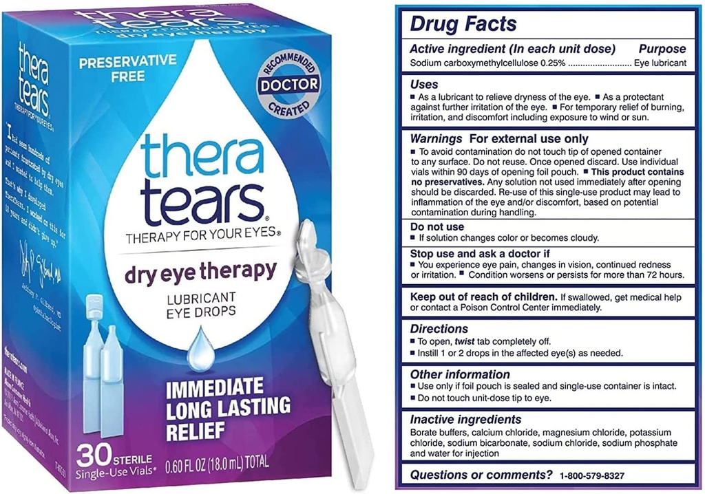 TheraTears Θεραπεία με ξηρό μάτι Λιπαντικές σταγόνες ματιών για ξηρά μάτια, συντηρητικές δωρεάν σταγόνες ματιών, 30 φιαλίδια μιας χρήσης (3 Συσκευασία)