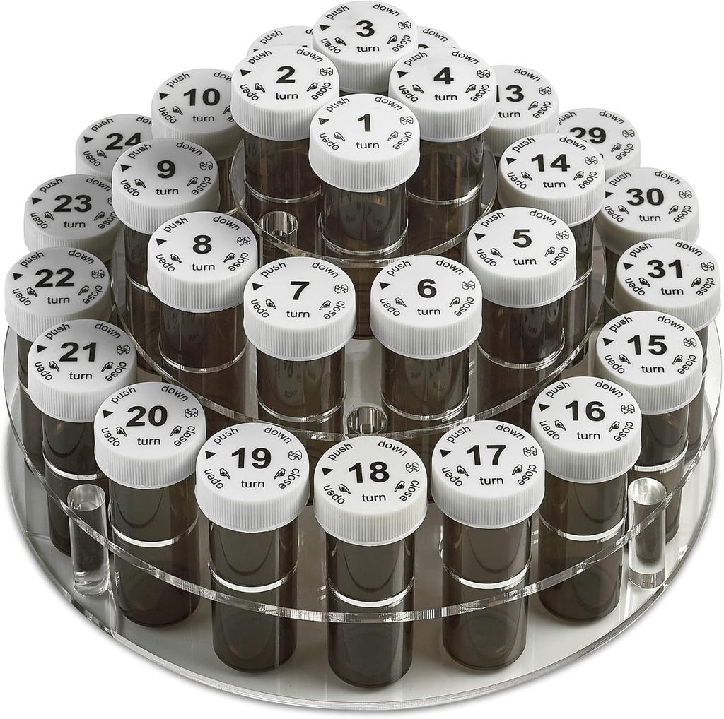 Aylık Pill Şişe Organizeci Caddy - 31 Numaralı Full-Size Pill Şişeler Her Ay- Clear Raf Günü için Çocuk-Proof Lids ve Easy To Use for Daily Dose of Drugs and Supplements