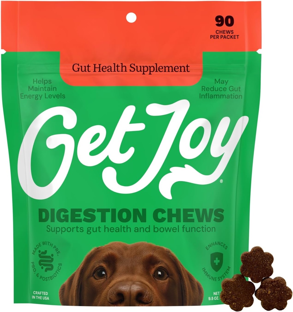 Get Joy Digestion Chews, Gut Health Supplement for Dogs, Vet Recommended Soft Daily Digestive Health & Immune Support with Prebiotics, Probiotics & Postbiotics, Made in USA, 90 Count