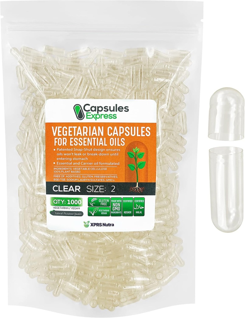 XPRS Nutra Boyutu 2 Boş Vegan Capsules - 1000 Kont Clear Veggie Capsules for Most Essential Oils - Boş Sebze Pilleri - DIY Oil