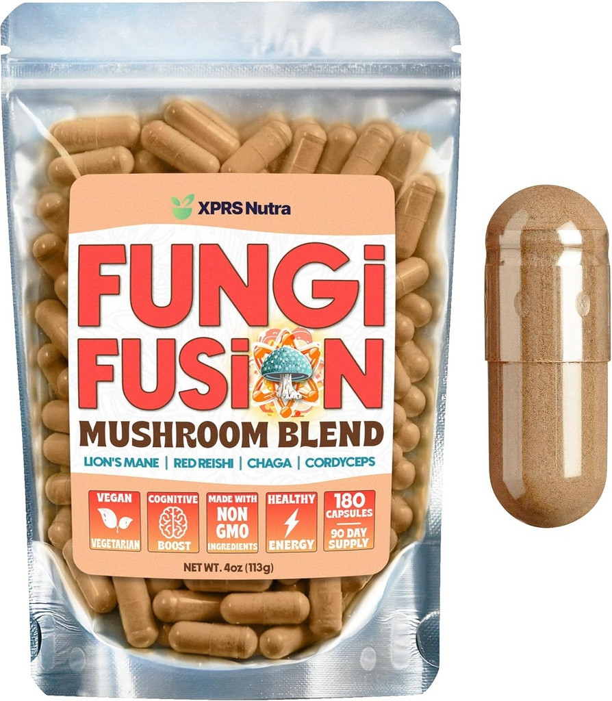XPRS Nutra Fungi Fusion Mushroom Mix Capsules - 180 Kont (90 Day Supply) Lion's Mane, Reishi, Chaga, Cordyceps Capsules to Support mental Clarity, Cognition, Energy and Immunity