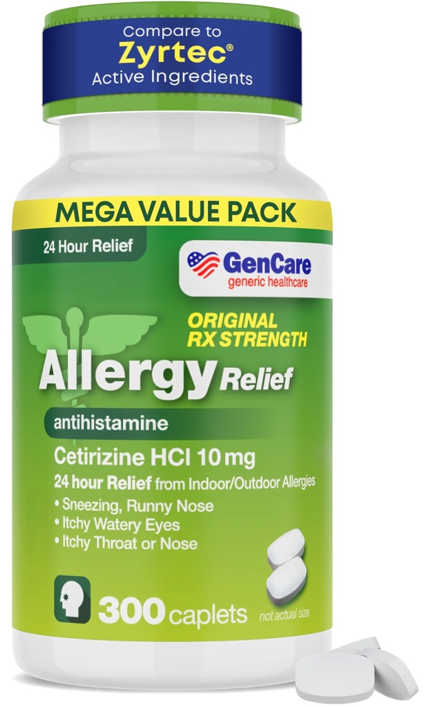 GenCare - Cetirizine HCL 10 mg (300 Caplets) - 24 Saat Antivirüs Yardım Pills - Drowsy Genric OTC Alerji İlaçları - Sneezing için Antihistamin Tıp, Runny Nose & Itchy Gözler - Genir Zirt