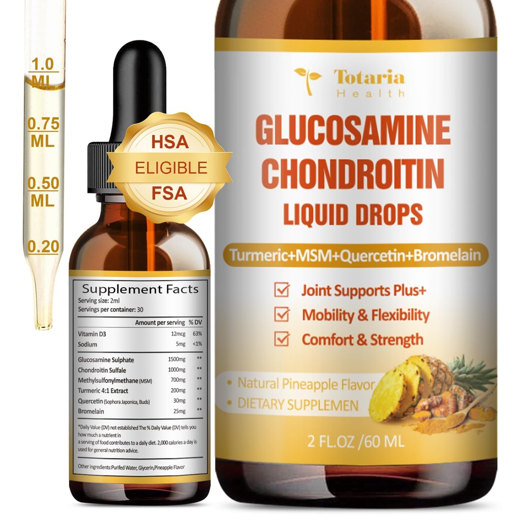 Glucosamine Chondroitin MSM Liquid Drops FSA-HSA - Hareketlilik, Flexability & Bones Chondroitin Sulfate Supplement Turmeric, Quercetin, Bromelain, MSM Oil 2 FL.OZ