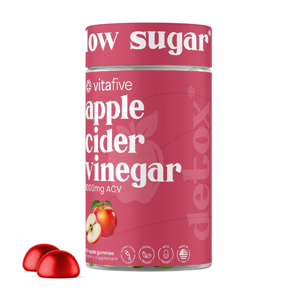 vita five Apple Cider Vinegar Gummies, Apple Cider Vinegar per Gummy, Boost Gut Health, Colon Support, Vegan, Gluten Free (50 Ct)