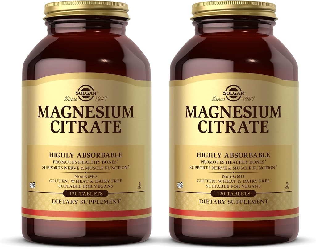 Solgar Magnesium Citrate - 120 δισκία, συσκευασία των 2 - Υποστηρίζει νευρική & μυϊκή λειτουργία - Πολύ απορροφήσιμο - μη-GMO, Vegan, χωρίς γλουτένη, Kosher - 120 Σύνολο εξυπηρετήσεων