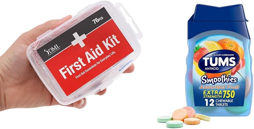 DMI 76-Piece First Aid Kit and TUMS 12 Count Smoothies Extra Strength 750mg Calcium Carbonate Antacid Chewable Tablets Bundle