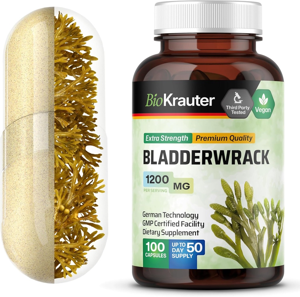 Κάψουλες Bladderwrack 1200 mg - 100 Count - Formula from Natural Marine Source of Iodine - Vegan Bladderwrack Powder Caps