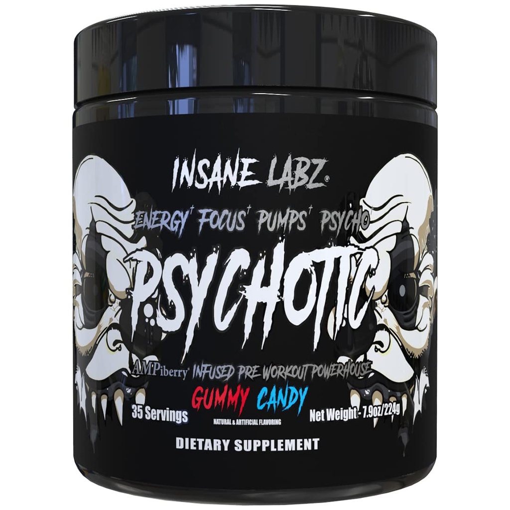 Insane Labz Psychotic Black Edition Mid Stimulant Pre Workout Toz, Enerji Odaklı pompalar, AMPiberry tarafından akreplenmiş, 35 Hizmet (Gummy Candy)