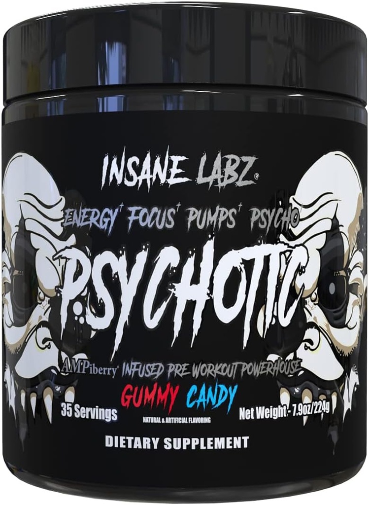 Insane Labz Psychotic Black Edition Mid Stimulant Pre Workout Toz, Enerji Odaklı pompalar, AMPiberry tarafından akreplenmiş, 35 Hizmet (Gummy Candy)