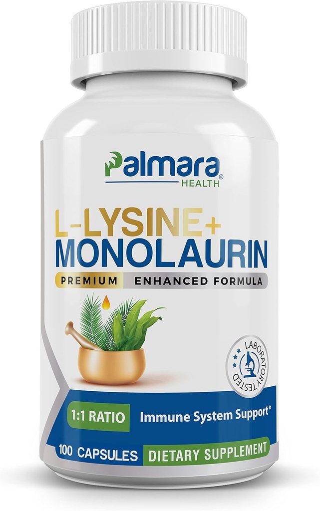 Palmara Health L-Lysine + Monolaurin 600 mg 1:1 Oran, 1 Pack, 100 Capsules