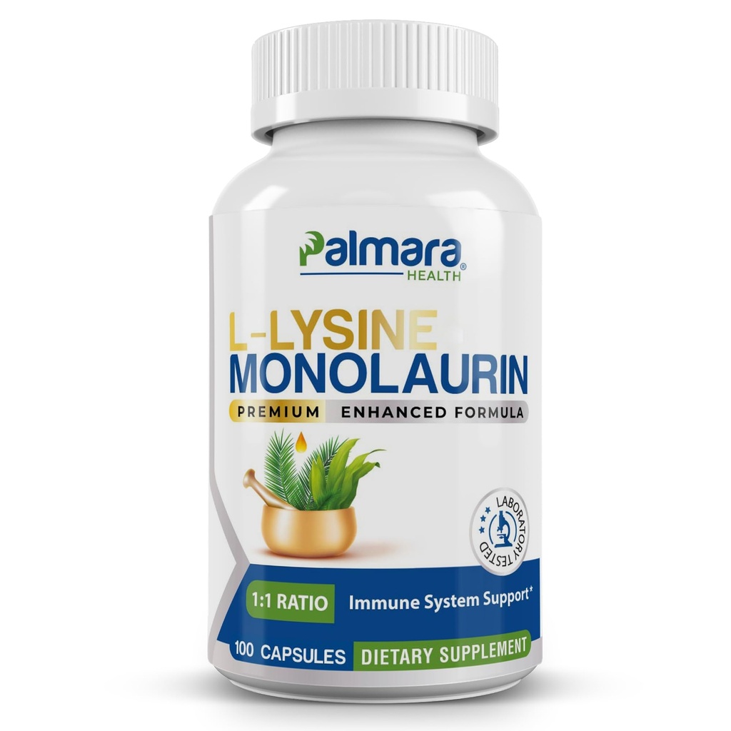 Palmara Health L-Lysine + Monolaurin 600 mg 1:1 Oran, 1 Pack, 100 Capsules