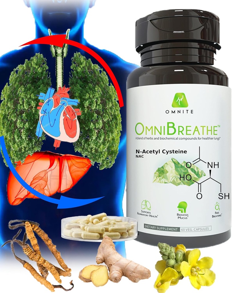 OMNIBREATHE - Γρήγορη βελτίωση προβλήματα αναπνοής από NAC 600MG Επιστημονικά Formulated w. Quercetin/Mullein/Coq 10/Ginger/Sting Nettle/Bromelain,3 Times w. Meal (10-Ημέρα προσφοράς για ενίσχυση)
