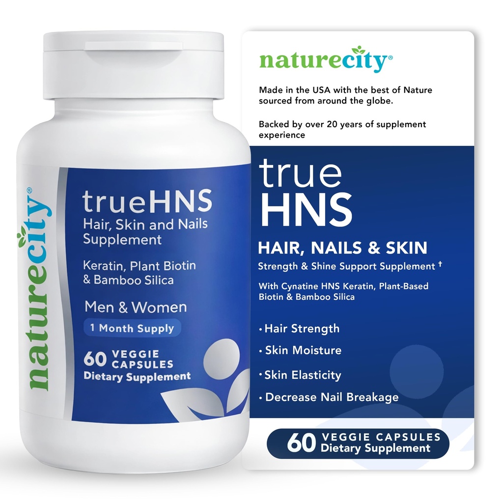 DoğaCity True-HNS Hair Nails ve Skin Cynatine Keratin ve Plant Temel Biyotin Vitamin Tamam | Fuller ve Güçlü Saç ve Çiçeği | GMO | 60 Veggie Capsules