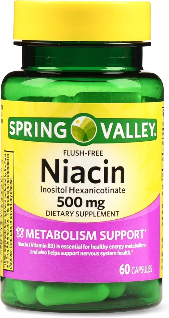 Spring Valley Flush-free Niacin 500 mg Metabolism Desteği, 60 Capsules (Pack of 2)