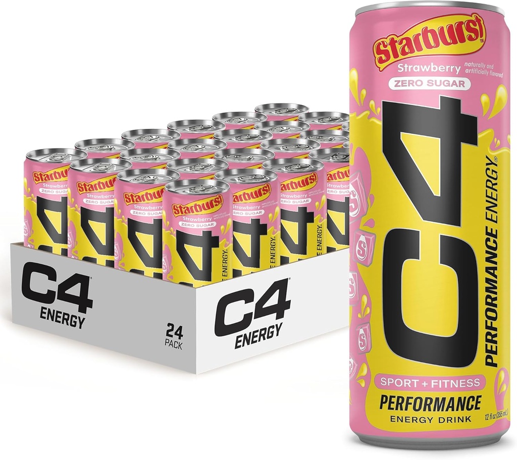 Cellucor C4 Performans Enerji İçilir | STARBURST Strawberry | Zero Sugar Carbonated Preworkout Energy | 200 mg Caffeine with Beta Alanine | 12 Fl Oz (24 Pack)