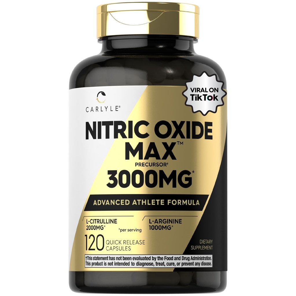 Carlyle Nitrik Oksit Supplement 3000 mg | 120 Capsules | Pre Workout with L-Arginine & L-Citrulline | Non-GMO, Gluten Free