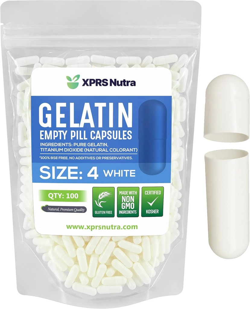 XPRS Nutra Boyutu 4 Boş Kapsüller - 100 Kont Küçük Boş Gelatin Capsules - Pills DIY Capsule - Sağlam Bovine Pill Gel Caps For Do-It- Yourself Supplements (Beyaz)