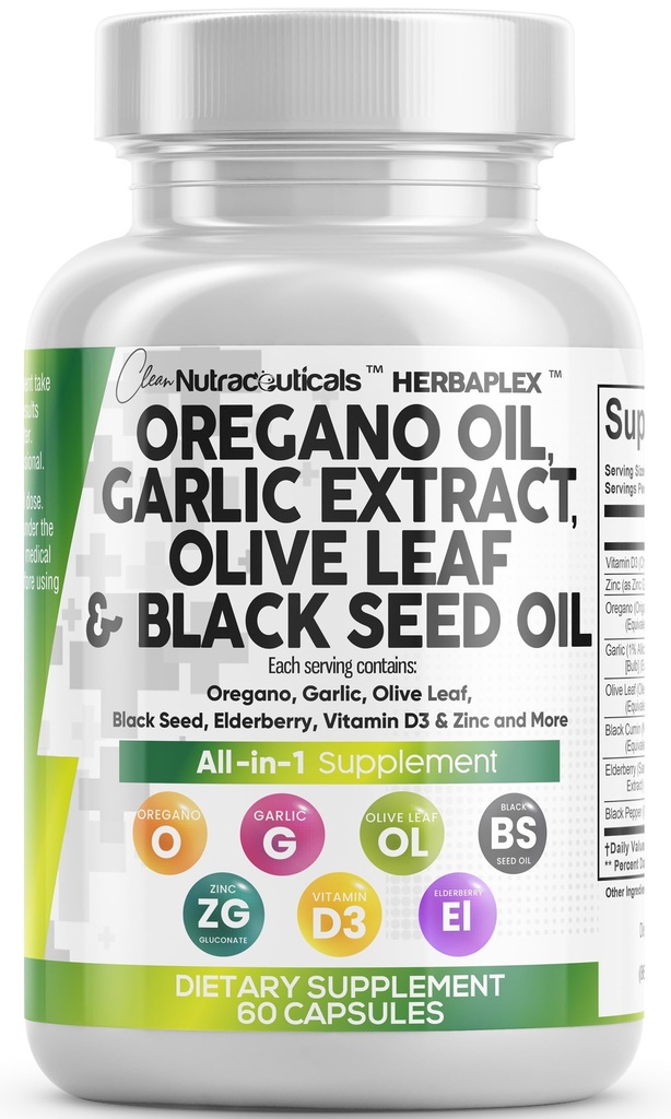 Siyah Tohum Yağı ile Temiz Nutra Oregano Yağı - Oregano Capsules Immune Support Carvacrol & Youmoquinone Supplement for Women and Men + Elder D3 & çinko