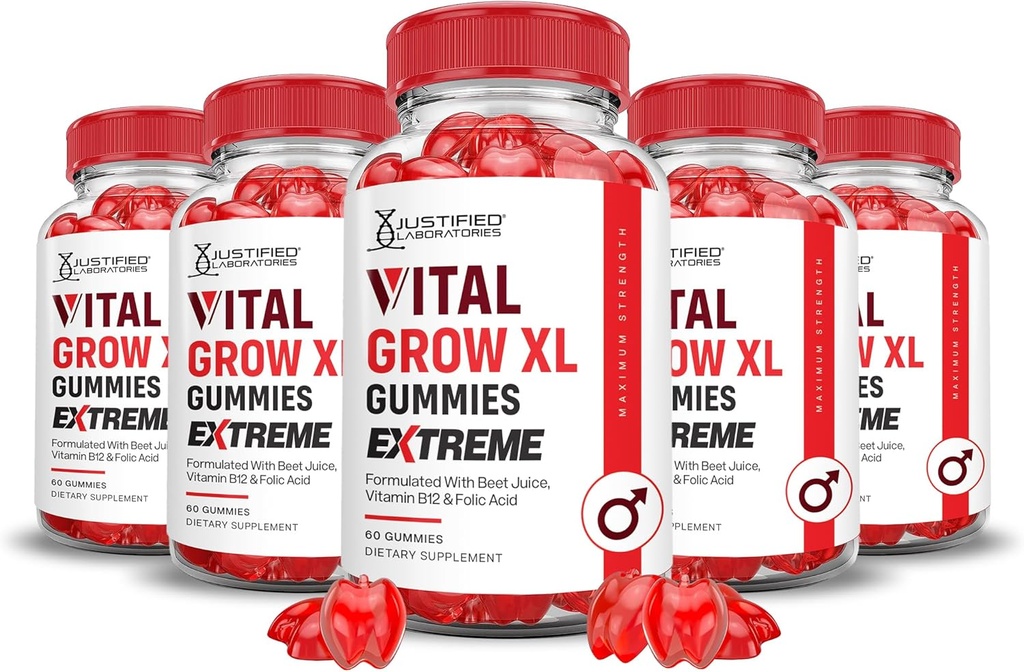 Justified Laboratories (5 Pack) Vital Grow XL Extreme 2000MG Performans Gummies Gelişmiş Formula Formula, ACV Pomegranate Beet Juice Toz B12 Vegan Non GMO 300 Gummys