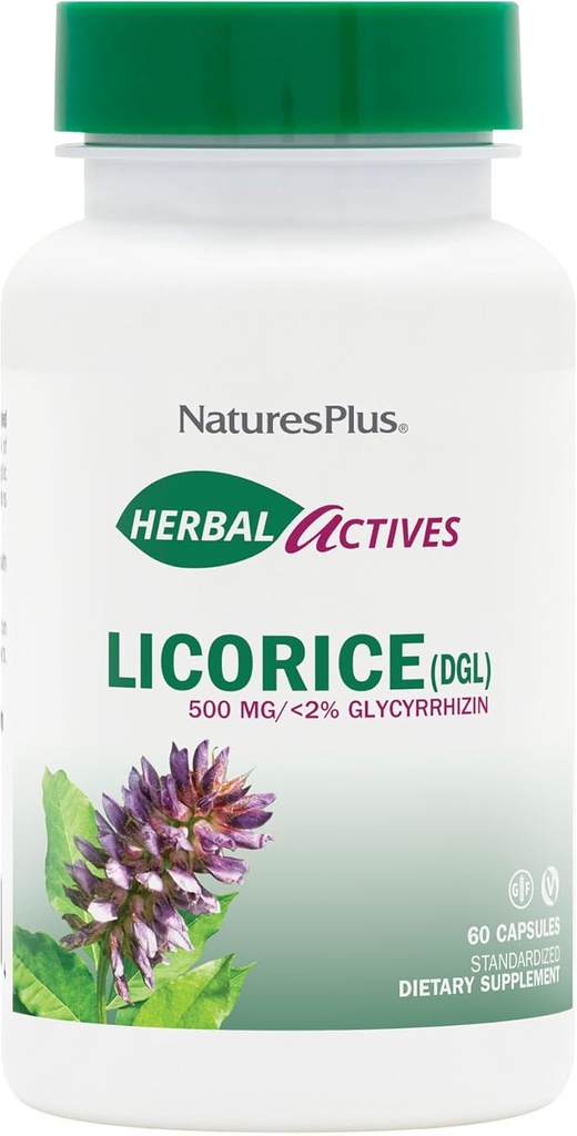 Natures Plus Herbal Actives Licorice (DGL) Capsules - 500 mg, 60 Vegan Supplements - Vegetarian, Gluten-Free - 60 Servisler