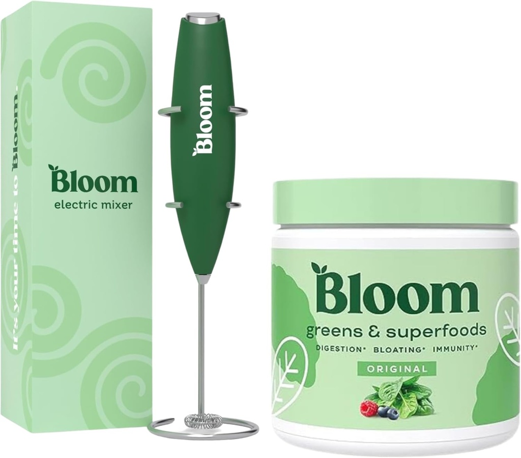 Bloom Nutrition Superfood Greens σκόνη, Digestive Ένζυμα με προβιοτικά και πρεβιοτικά, υγεία κόκκων, Bloating Relief, Original + Frother γάλακτος υψηλής ισχύος Mixer χέρι