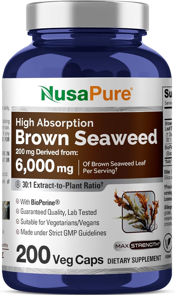 NusaPure Brown Seaweed 30:1 Extract, 200 mg Equivalent to 6,000 mg 200 Veggie Capsules - (Vegan, Non-GMO Bioperine)