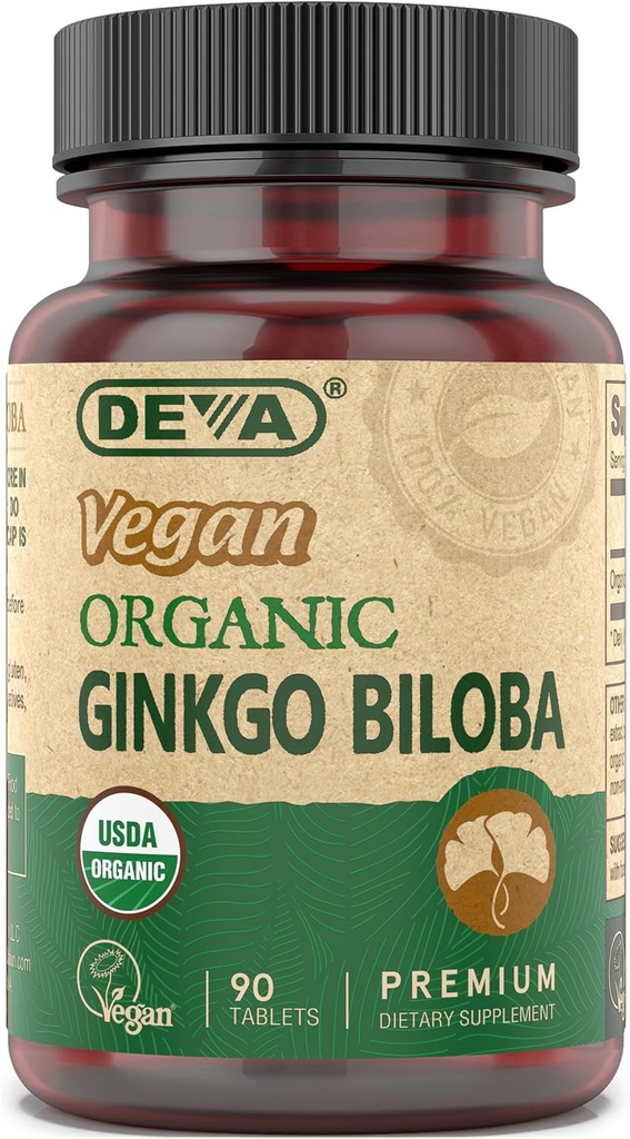 DEVA Vegan Ginkgo Biloba Diyeter Supplement, USDA Organik, Vegan Society sertifikalı, Easy-to-Swallow Tiny Tabletleri, 300 mg., 90-Count Şişe Şişe