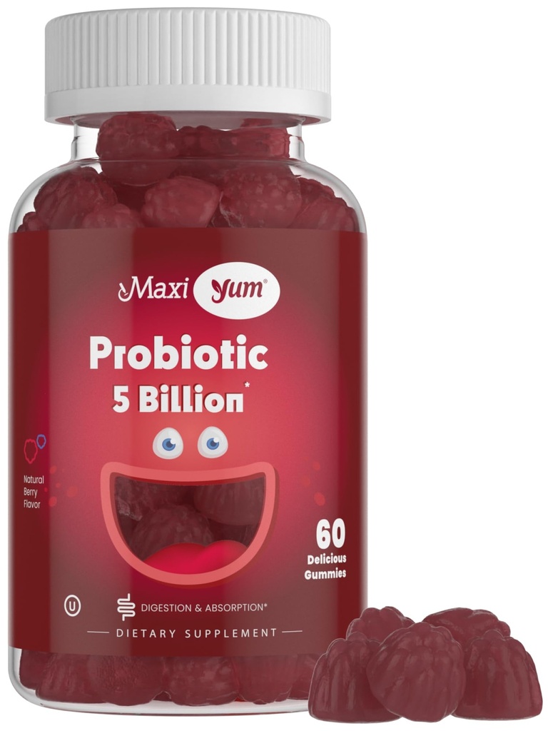 Maxi Health Yum, Probiyotik Gummies with 5 Milyar CFUs of Digestive Health Probiyotiks, Kosher Sertifikalı Doğal Berry Flavor Gut Health Chewable Gummy Supplements for Men & Women, 60 Gummies