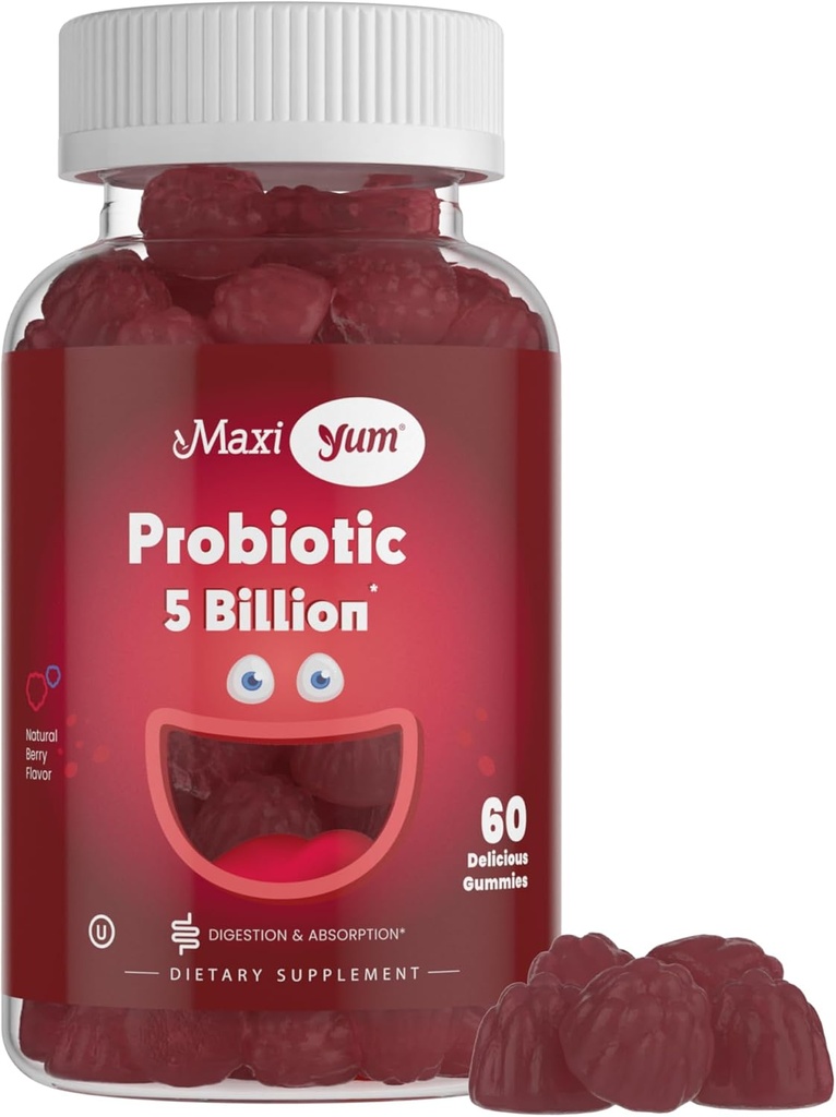 Maxi Health Yum, Probiyotik Gummies with 5 Milyar CFUs of Digestive Health Probiyotiks, Kosher Sertifikalı Doğal Berry Flavor Gut Health Chewable Gummy Supplements for Men & Women, 60 Gummies