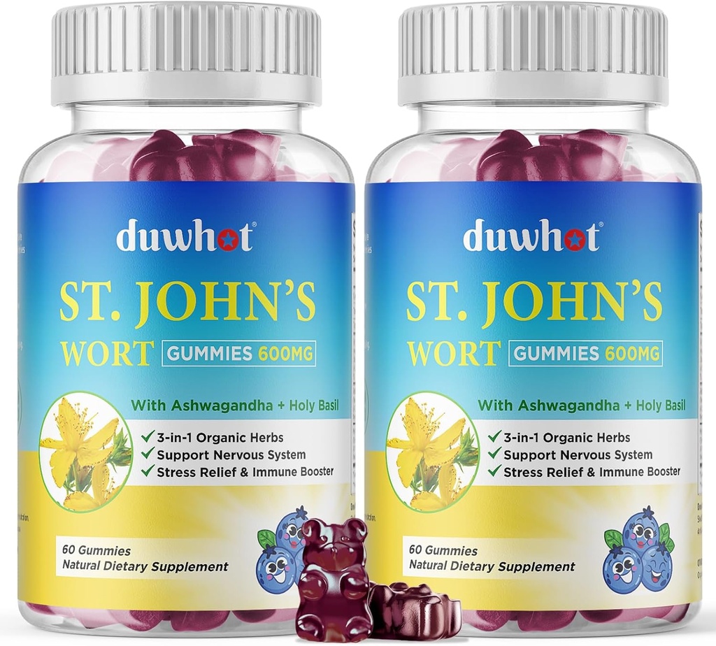St John's Wort Gummies 600mg, 3 in 1 Βιολογικά συμπληρώματα βοτάνων για ανακούφιση από το στρες, υποστήριξη νευρικού συστήματος, με εκχύλισμα Ashwagandha & Holy Basil για ενήλικες & παιδιά, μη ΓΤΟ, Vegan, 120 ct.