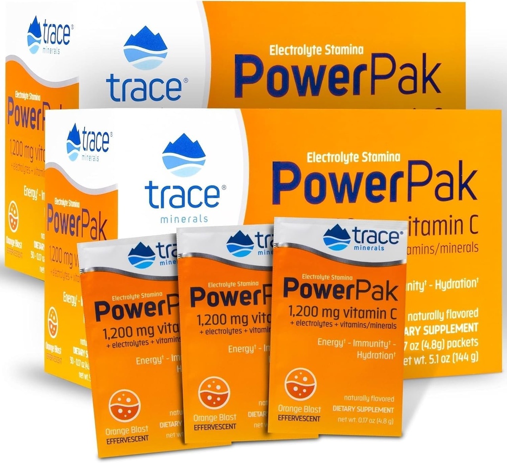 Trace Minerals | Power Pak Electrolyte Toz Paketleri | 1200 mg C, çinko, Magnezyum | Boost Immunity, Hydration and Natural Energy | Orange Blast | 60 Packets