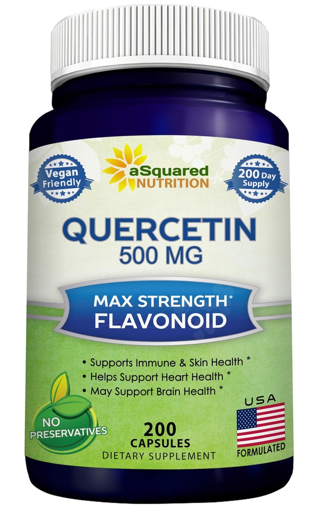 ASquared Beslenme Quercetin 500 mg Supplement - 200 Capsules - Quercetin Dihidrat Cardiovascular Sağlık Desteklemek için - Max Strength Toz Kompleksi Pills Immune Response