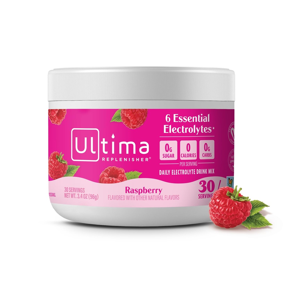 Ultima Replenisher Daily Electrolyte Powder Drink Mix – Raspberry, 30 Servings Canister – Zero Sugar Hydration Powder with 6 Electrolytes & Minerals – Sugar Free, Plant-Based & Keto Friendly