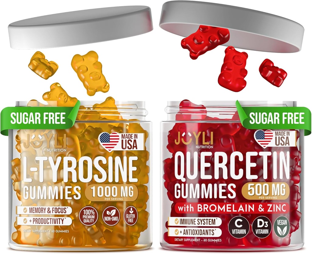 L-Tyrosine Gummies + Quercetin Gummies - L Tyrosine Supplement, Quercetin with Vitamin C - Focus Gummies and Immune Support Gummies - 60 L-Tyrosine for Kids Gummies, 60 Quercetin with Çinko Gummies