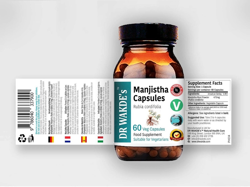 DR WAKDE'S Manjistha Capsules (Rubia kordonifolia, 60 Veg Caps, Plant-Based Supplement, Ayurvedic Herb, All Natural, Vegan)