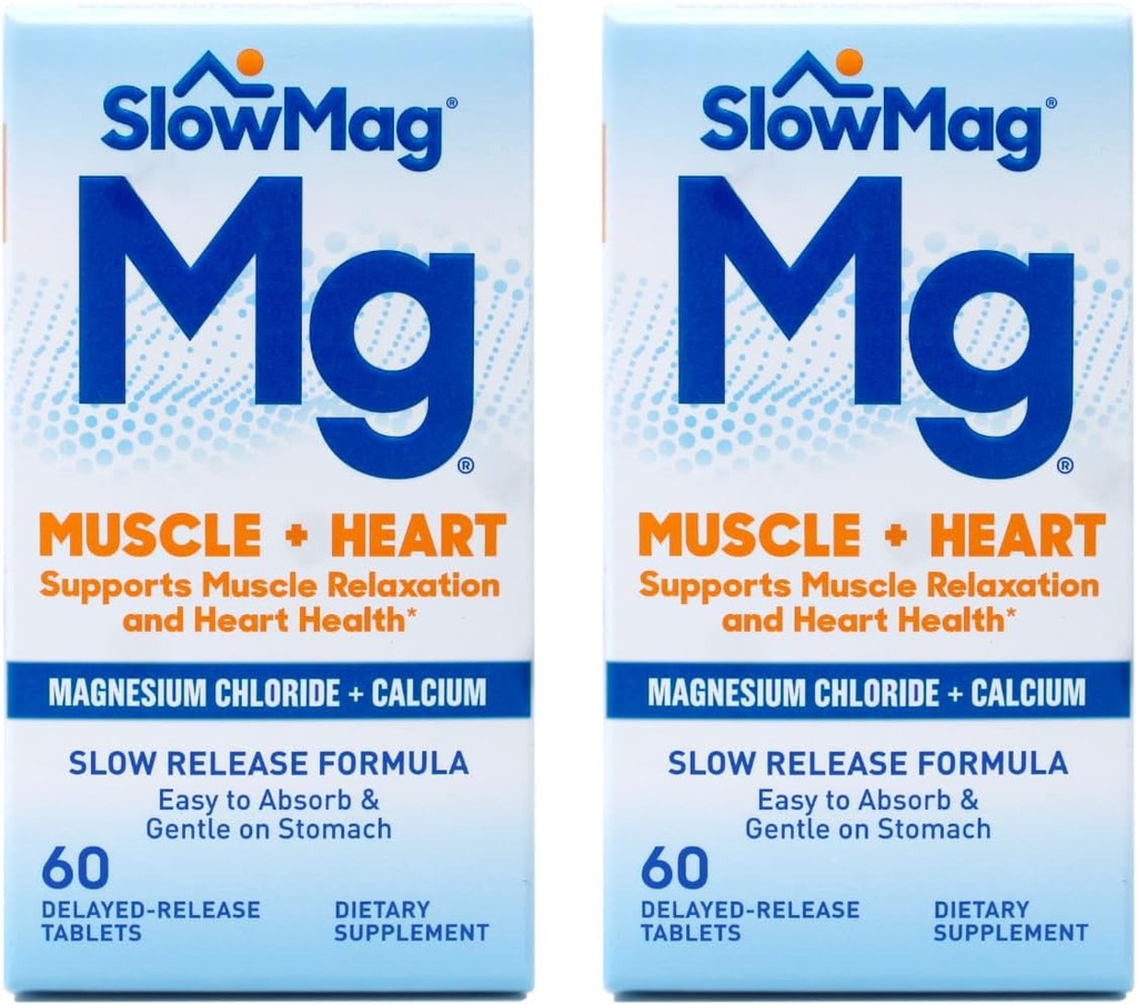 SlowMag Mg Muscle + Heart, Supports Muscle Relaxation and Heart Health. Magnezyum Chloride +dis, Slow-Release Tabletleri, Absorb'a kolay ve Stomach'da canlı. 60 Kont (Pack of 2)