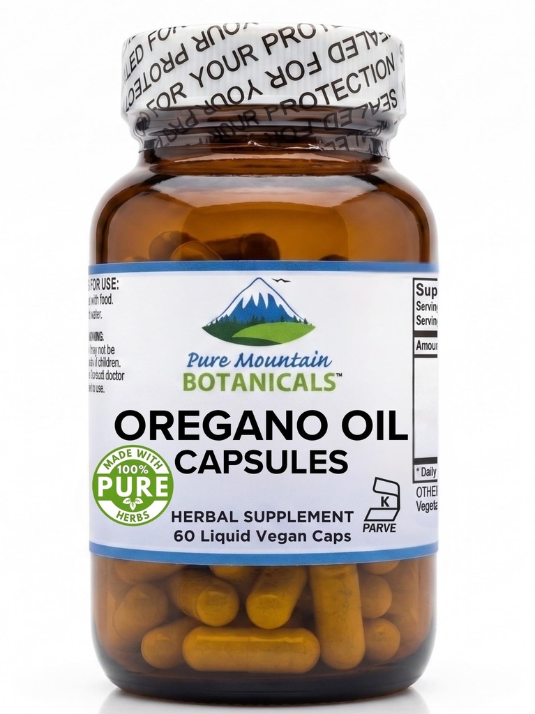 Pure Mountain Botaniks Wild Oregano Oil Capsules - 60 Kosher Vegan Caps Now with 510 mg Mediterranean Oil of Oregano Supplement