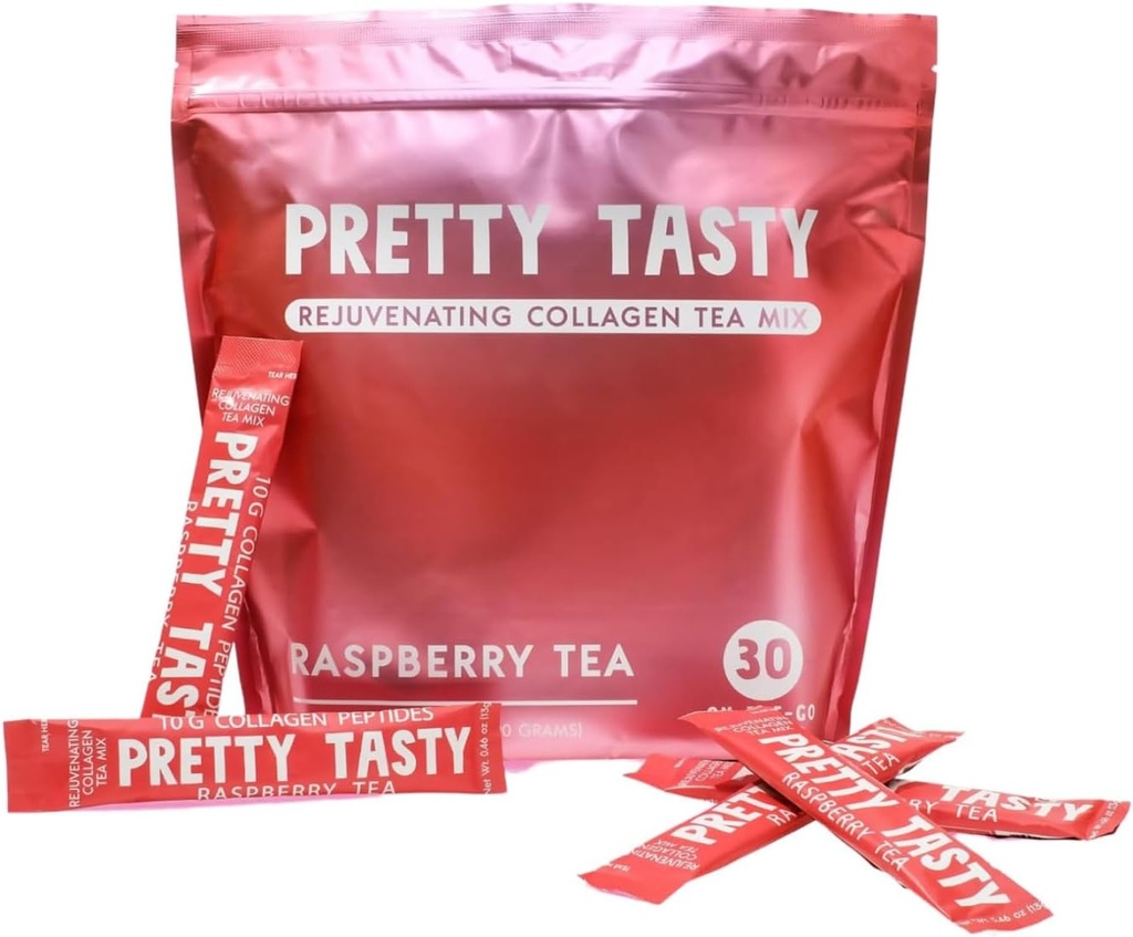 Pretty Tasty Raspberry Radiance Collagen Tea - Stick Pack Pouch, Sun-Kissed Raspberry, Beauty and Wellness, 10g Collagen Mix Mix, 30 Count Count Count